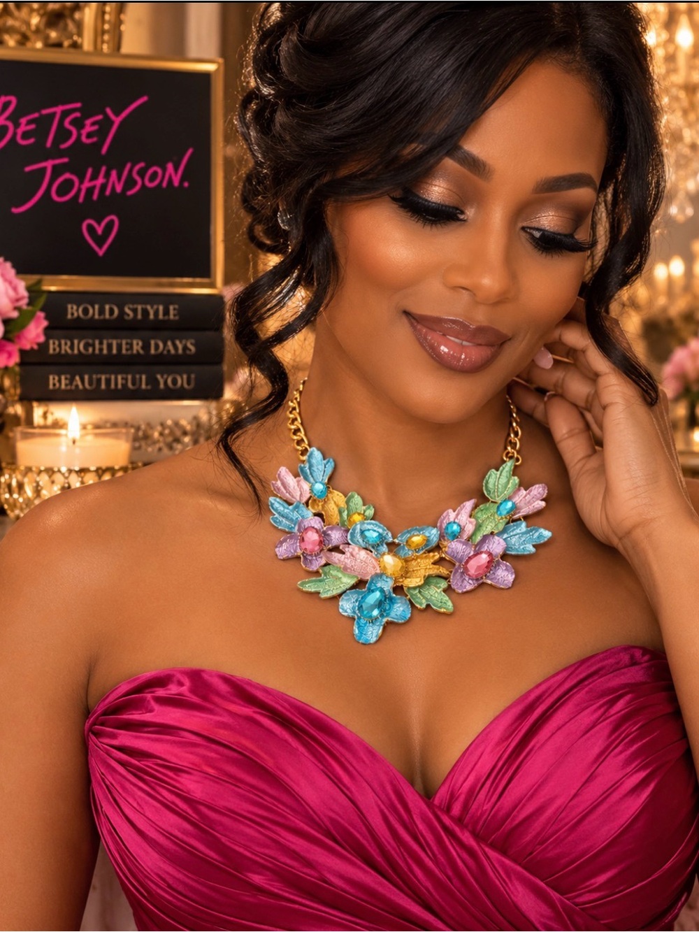 Betsey Johnson Multicolor Floral Necklace with Gold Chain